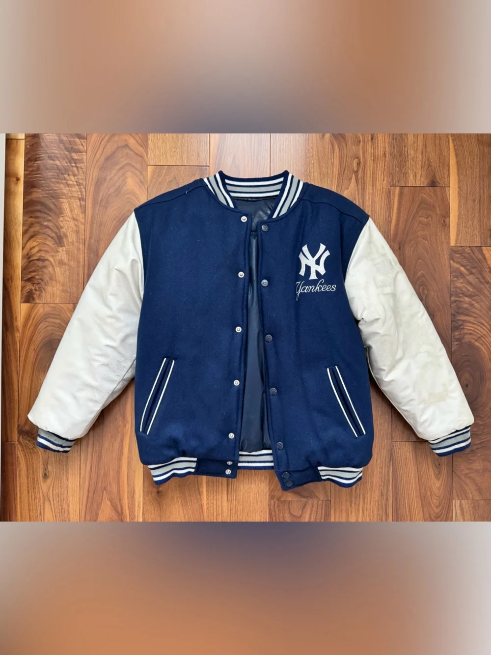 New York Yankees Mighty Mac Letterman Jacket Coat Youth Size M 12/14 Reversible